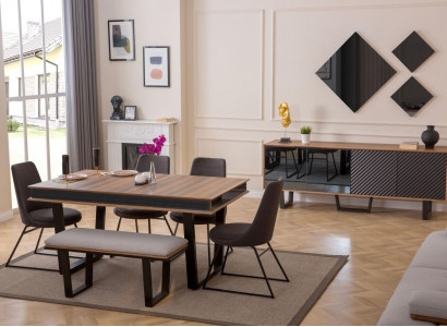 Esszimmer Set Esstisch 4x Stühle Bank Sideboard Essgruppe 3x Spiegel 10tlg